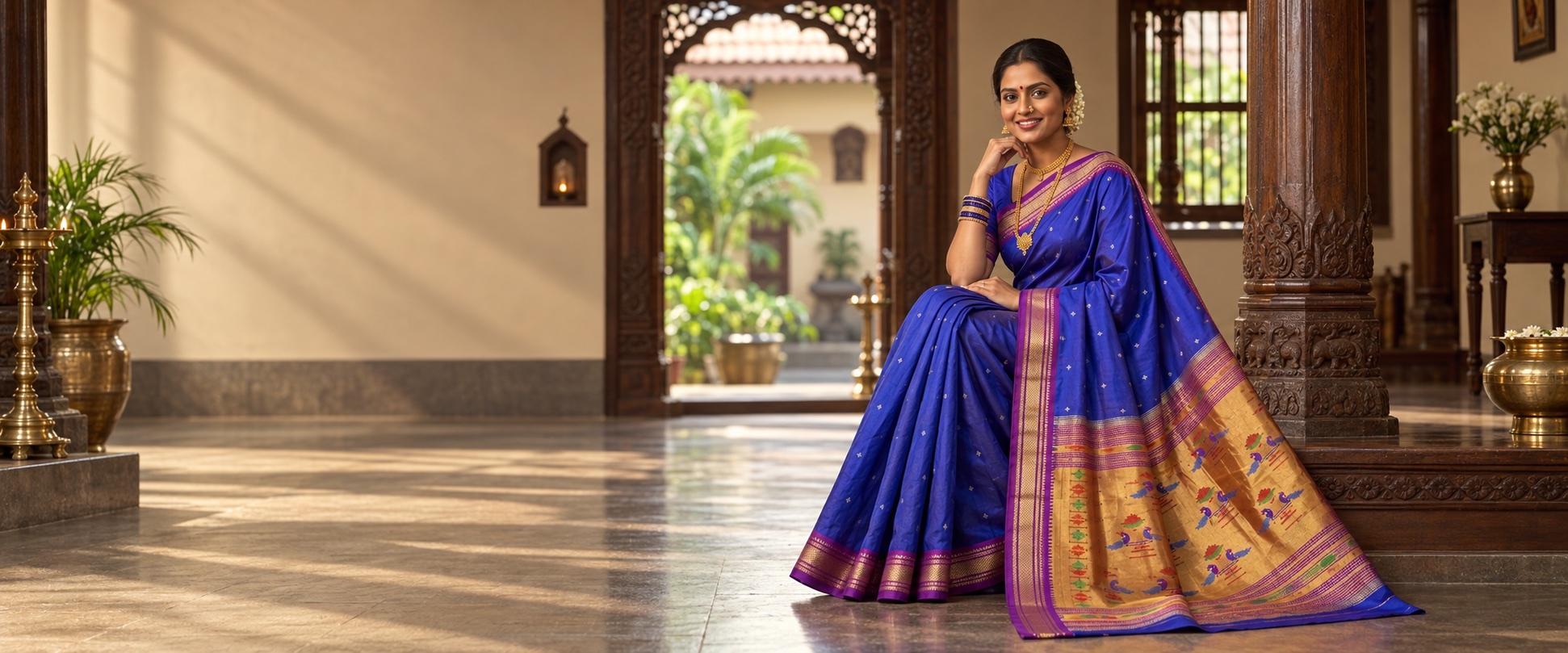Woman wearing a royal blue Paithani saree in a heritage courtyard