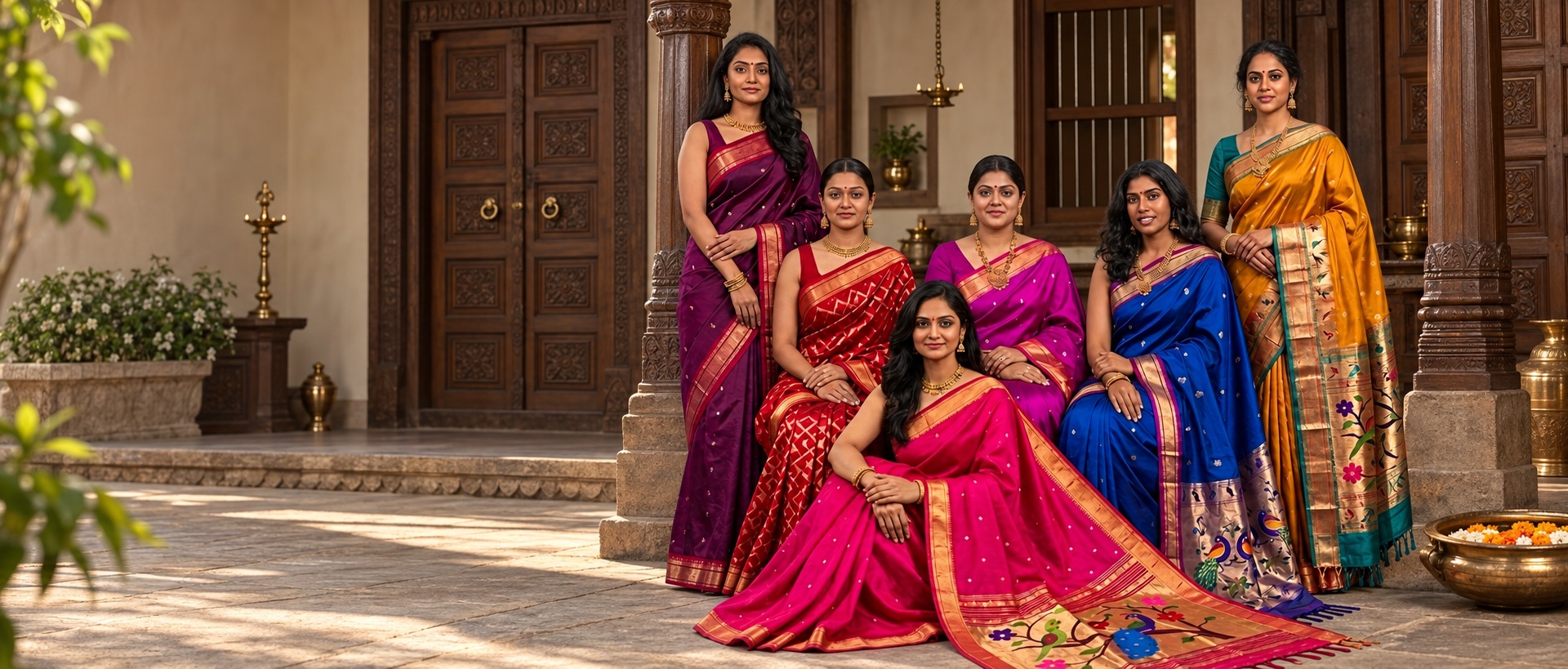 Six women wearing colourful Paithani sarees in a heritage courtyard
