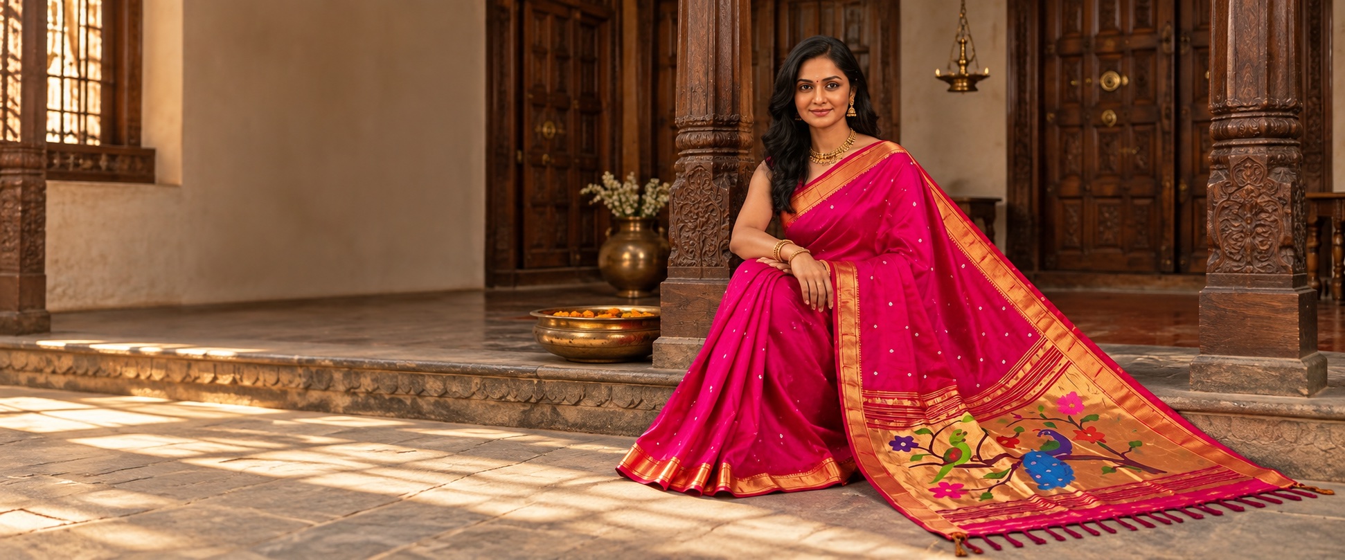 Woman wearing a pink Paithani saree in a heritage courtyard