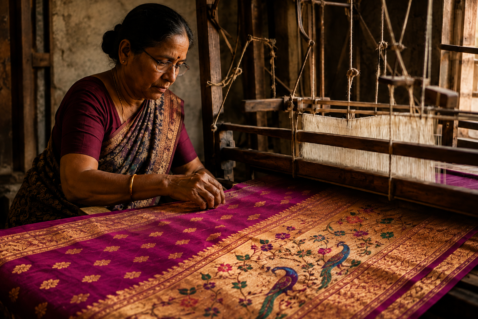 Indian artisan weaving a heritage saree