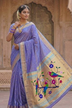 Lavanya — Lavender Handloom Pure Silk Paithani with Three-Parrot Floral Pallu
