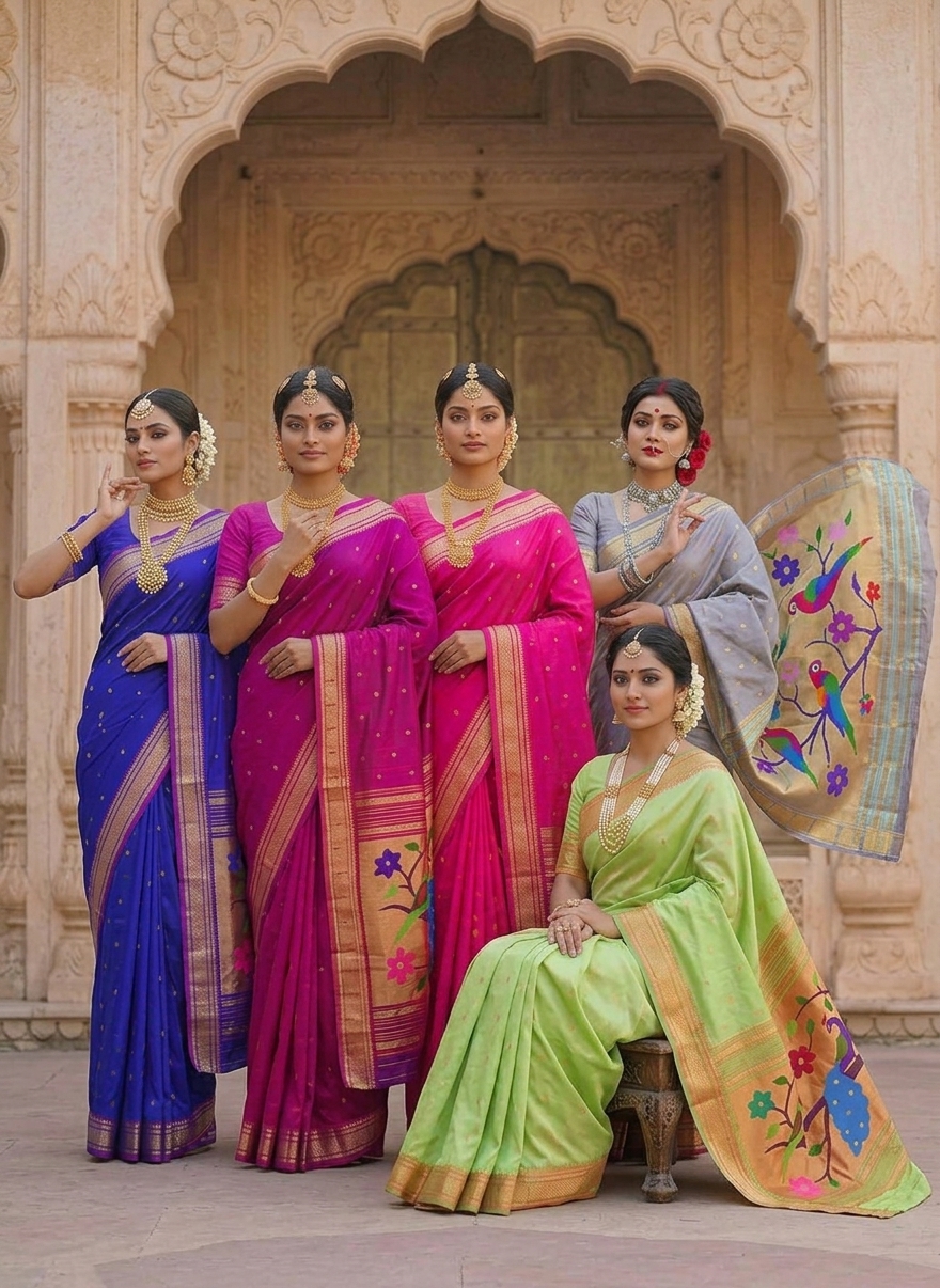 Five women wearing colourful Paithani sarees at a heritage palace