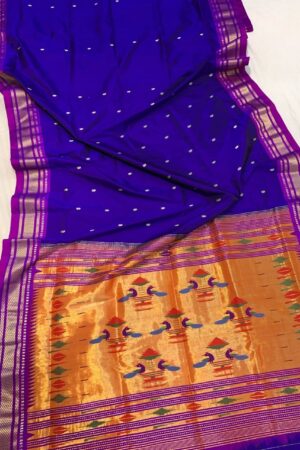 Kushmanda royal blue pure silk Paithani with purple border and peacock gold pallu