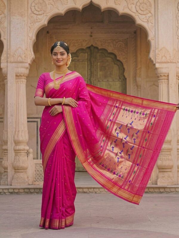 Gulabi Paithani model wearing a handwoven pure silk saree