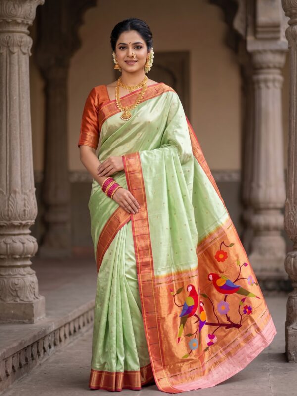 Pastel Mint Paithani model wearing a handwoven pure silk saree