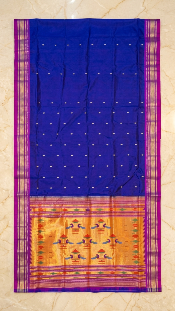 Kushmanda — Royal Blue Handloom Pure Silk Paithani with Peacock Gold Pallu