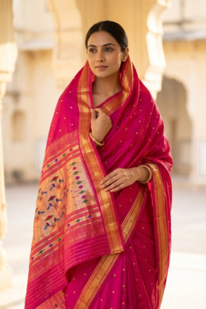 Gulabi — Pink Handloom Pure Silk Paithani with Traditional Peacock Pallu