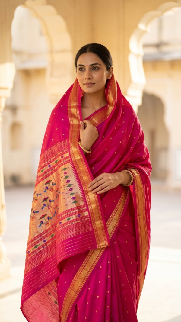 Gulabi — Pink Handloom Pure Silk Paithani with Traditional Peacock Pallu