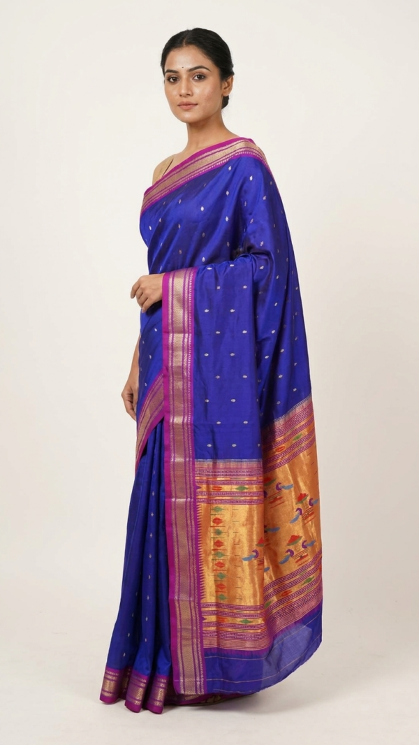 Kushmanda — Royal Blue Handloom Pure Silk Paithani with Peacock Gold Pallu