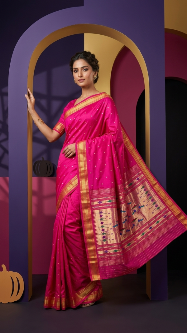 Gulabi — Pink Handloom Pure Silk Paithani with Traditional Peacock Pallu