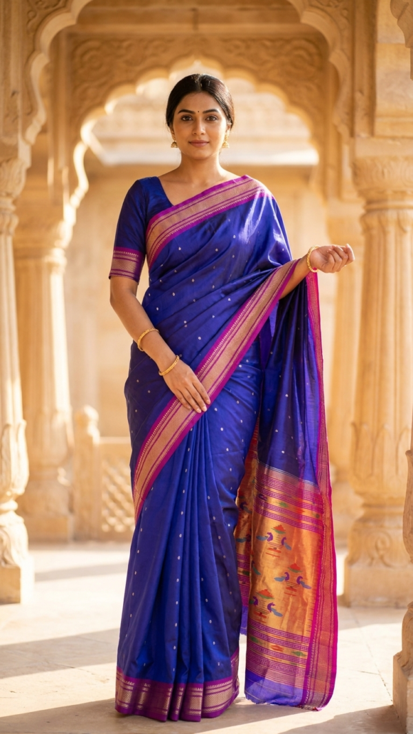 Kushmanda — Royal Blue Handloom Pure Silk Paithani with Peacock Gold Pallu