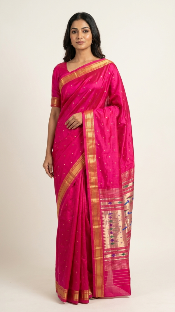 Gulabi — Pink Handloom Pure Silk Paithani with Traditional Peacock Pallu
