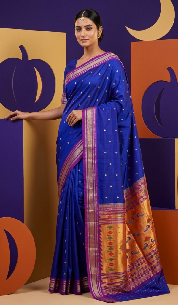 Kushmanda — Royal Blue Handloom Pure Silk Paithani with Peacock Gold Pallu