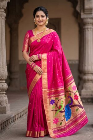 Rani Statement Paithani model wearing a handwoven pure silk saree