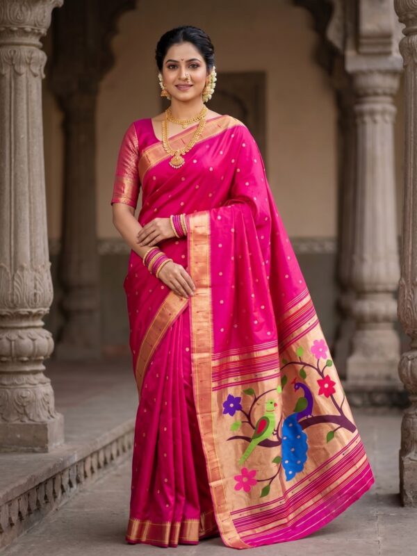 Rani Statement Paithani model wearing a handwoven pure silk saree