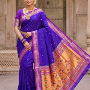 royal-blue-paithani-model-front Royal Blue Paithani model wearing a handwoven pure silk saree