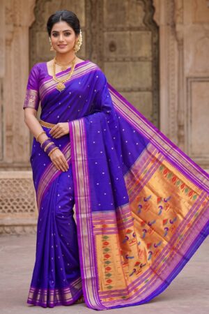 Royal Blue Paithani model wearing a handwoven pure silk saree