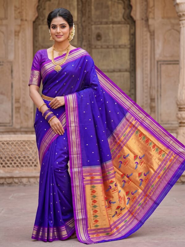 Royal Blue Paithani model wearing a handwoven pure silk saree