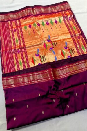 Chandraghanta deep plum pure silk Paithani with copper-gold double pallu and colourful bird motifs