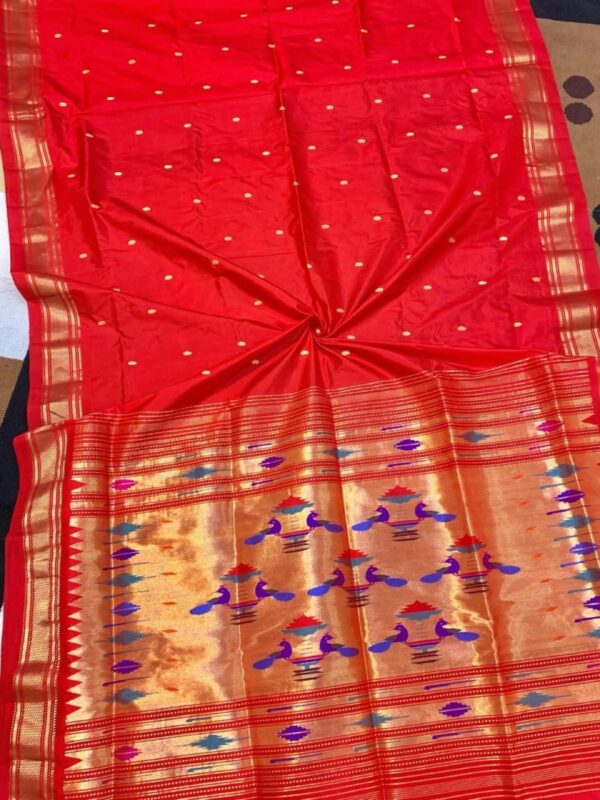 kumkum-original Kumkum — Vermilion Red Handloom Pure Silk Paithani with Peacock Pallu