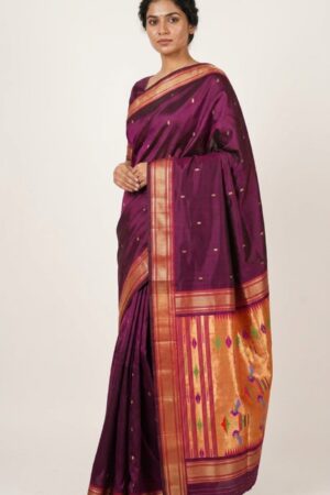manikya-model-4 Manikya — Deep Plum Handloom Pure Silk Paithani with Traditional Bird-Motif Pallu
