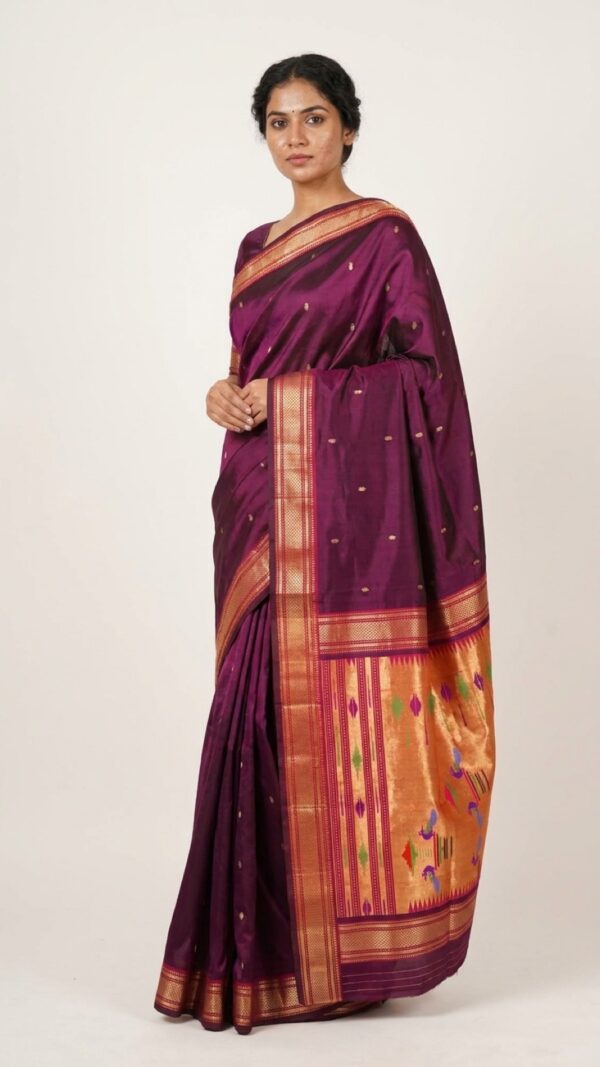 Manikya — Deep Plum Handloom Pure Silk Paithani with Traditional Bird-Motif Pallu