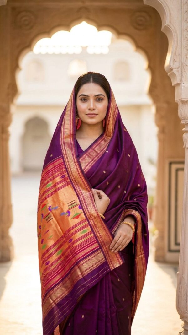 Manikya — Deep Plum Handloom Pure Silk Paithani with Traditional Bird-Motif Pallu