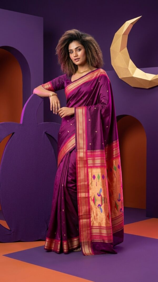 Manikya — Deep Plum Handloom Pure Silk Paithani with Traditional Bird-Motif Pallu
