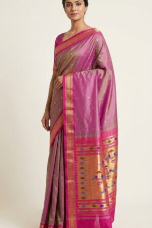 mrinalini-model-2 Mrinalini — Rose-Olive Handloom Pure Silk Paithani with Peacock Pallu