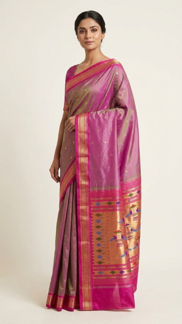 Mrinalini — Rose-Olive Handloom Pure Silk Paithani with Peacock Pallu