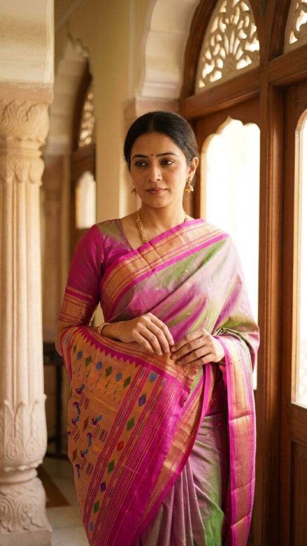 Mrinalini — Rose-Olive Handloom Pure Silk Paithani with Peacock Pallu