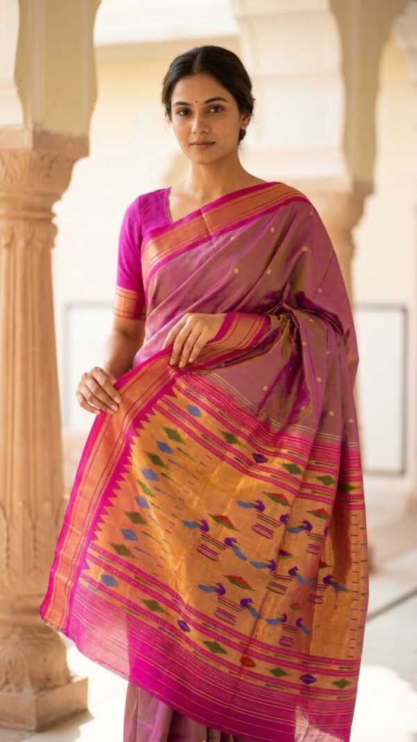 Mrinalini — Rose-Olive Handloom Pure Silk Paithani with Peacock Pallu