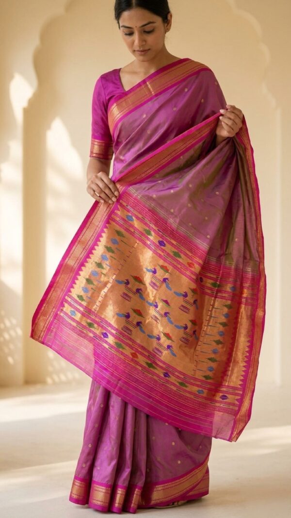 Mrinalini — Rose-Olive Handloom Pure Silk Paithani with Peacock Pallu
