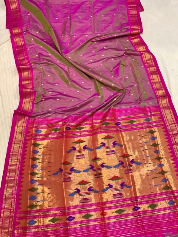 Mrinalini — Rose-Olive Handloom Pure Silk Paithani with Peacock Pallu