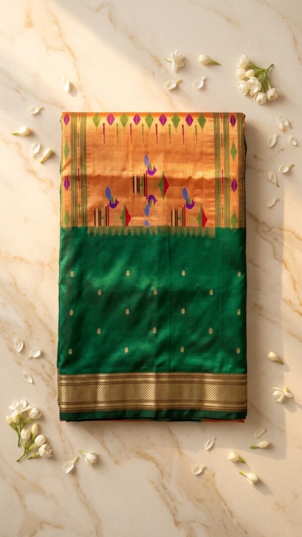 Nandini — Emerald Green Handloom Pure Silk Paithani with Traditional Bird-Motif Pallu