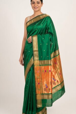 nandini-model-3 Nandini — Emerald Green Handloom Pure Silk Paithani with Traditional Bird-Motif Pallu