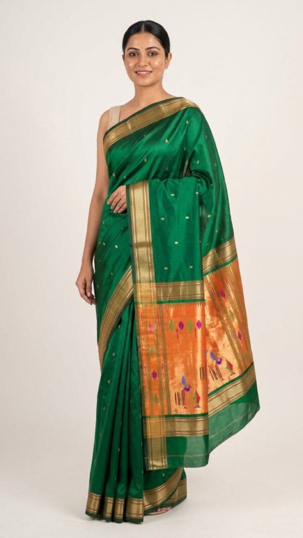 Nandini — Emerald Green Handloom Pure Silk Paithani with Traditional Bird-Motif Pallu