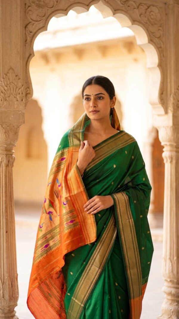 Nandini — Emerald Green Handloom Pure Silk Paithani with Traditional Bird-Motif Pallu