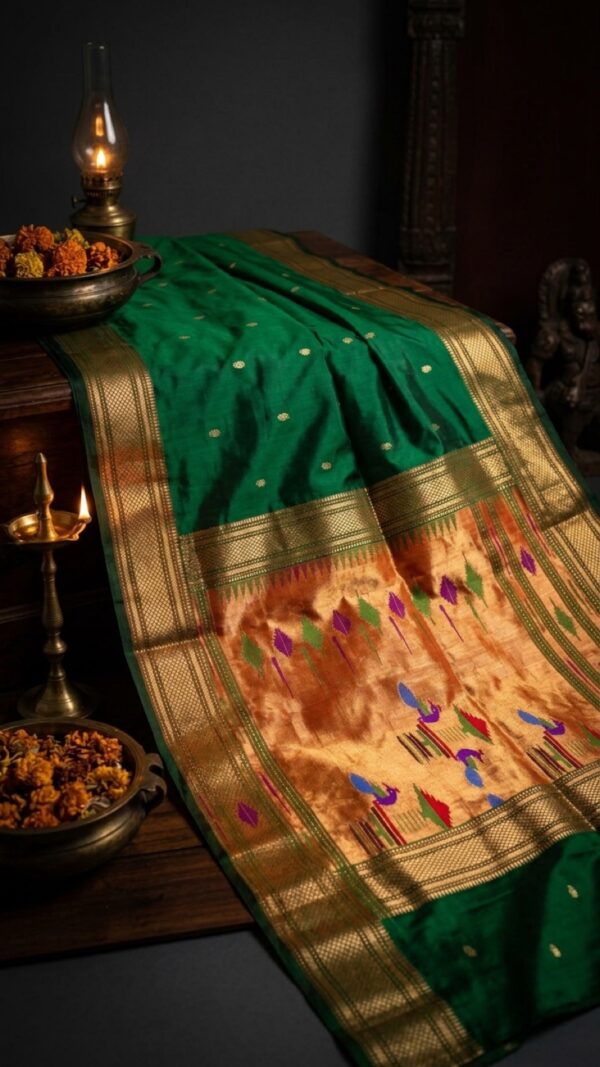 Nandini — Emerald Green Handloom Pure Silk Paithani with Traditional Bird-Motif Pallu