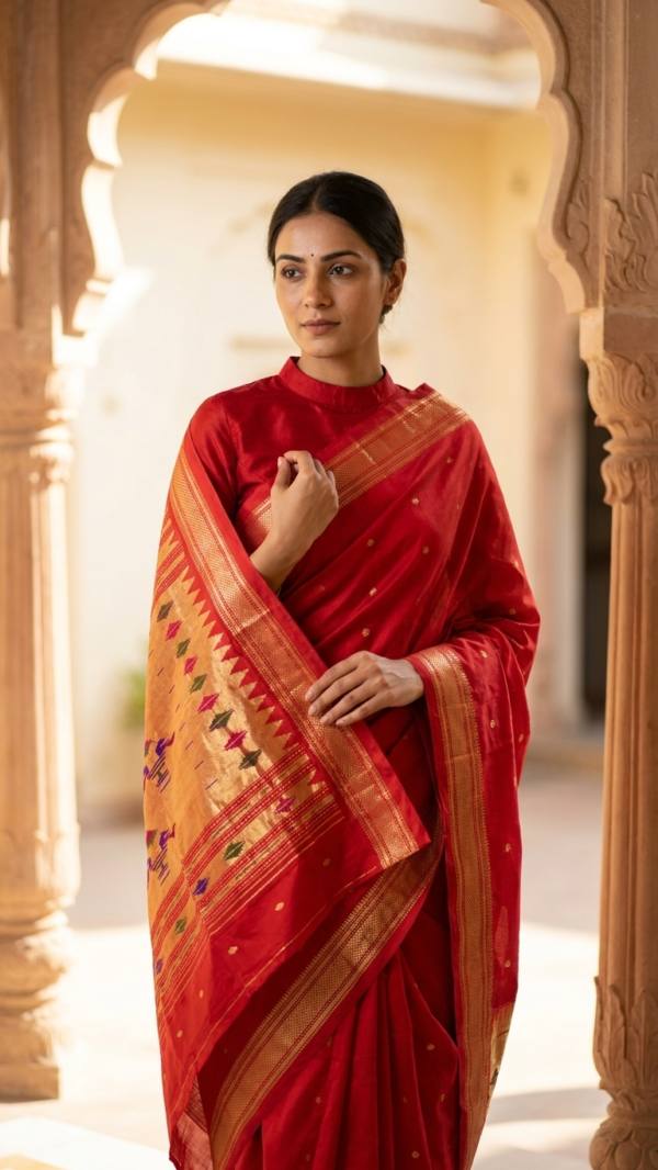 pomelli_photoshoot_image_9_16_0912 (1) Kumkum — Vermilion Red Handloom Pure Silk Paithani with Peacock Pallu