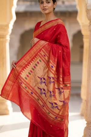 pomelli_photoshoot_image_9_16_0912 Kumkum — Vermilion Red Handloom Pure Silk Paithani with Peacock Pallu