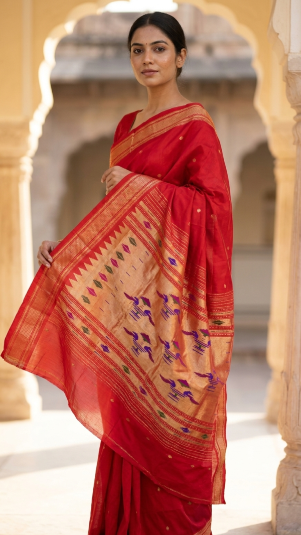 pomelli_photoshoot_image_9_16_0912 Kumkum — Vermilion Red Handloom Pure Silk Paithani with Peacock Pallu