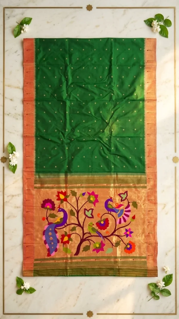 Green handloom pure silk Paithani — flatlay
