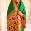 Green handloom pure silk Paithani — model drape