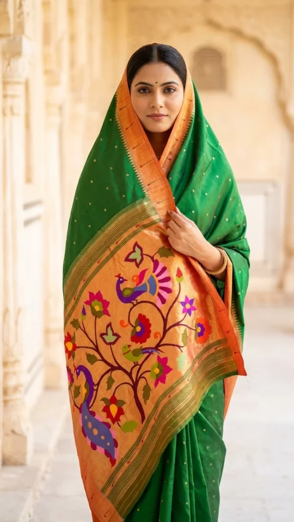 Green handloom pure silk Paithani — model drape