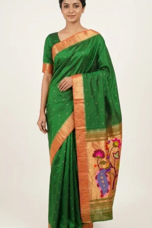 green-paithani-model-main Green handloom pure silk Paithani — model main