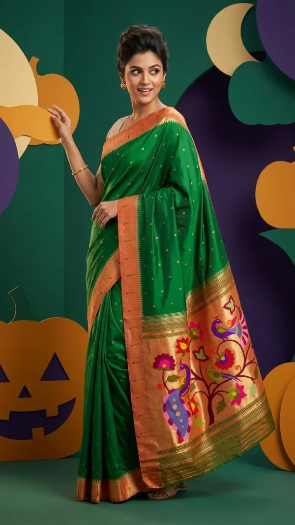 Green handloom pure silk Paithani — model studio
