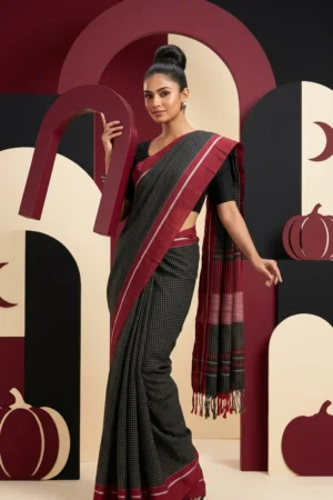 ilkal-grey-maroon-model-main Handloom pure cotton Ilkal — model main