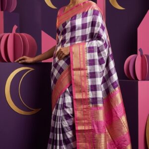 Model wearing Mahagauri purple and ivory checks pure silk Ilkal saree with pink Gali Dhadi border and Tope Pallu