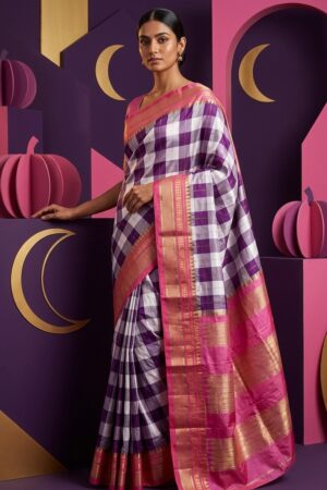 mahagauri-selected-model Model wearing Mahagauri purple and ivory checks pure silk Ilkal saree with pink Gali Dhadi border and Tope Pallu